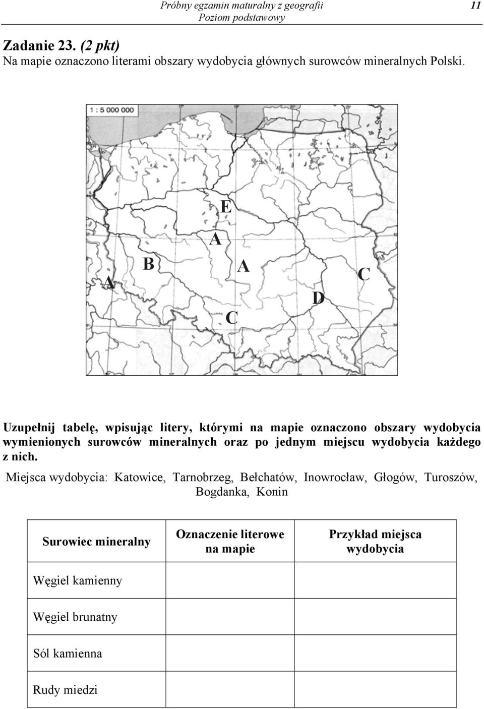 mineralnych oraz po jednym miejscu wydobycia każdego z nich.