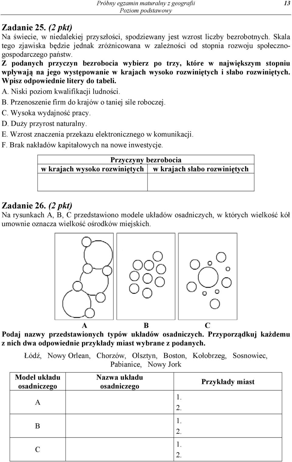 Z podanych przyczyn bezrobocia wybierz po trzy, które w największym stopniu wpływają na jego występowanie w krajach wysoko rozwiniętych i słabo rozwiniętych. Wpisz odpowiednie litery do tabeli. A.