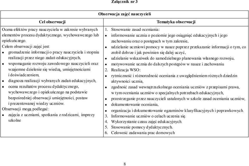 wiedzą, umiejętnościami i doświadczeniem, diagnoza realizacji wybranych zadań edukacyjnych, ocena rezultatów procesu dydaktycznego, wychowawczego i opiekuńczego na podstawie bezpośredniej obserwacji