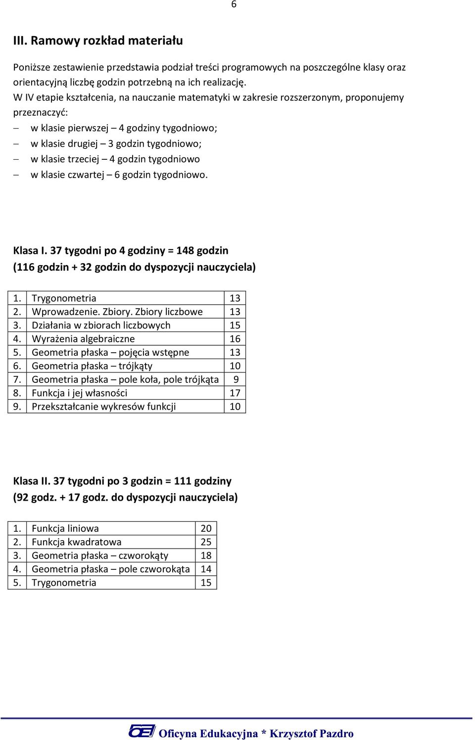 godzin tygodniowo w klasie czwartej 6 godzin tygodniowo. Klasa I. 37 tygodni po 4 godziny = 148 godzin (116 godzin + 32 godzin do dyspozycji nauczyciela) 1. Trygonometria 13 2. Wprowadzenie. Zbiory.