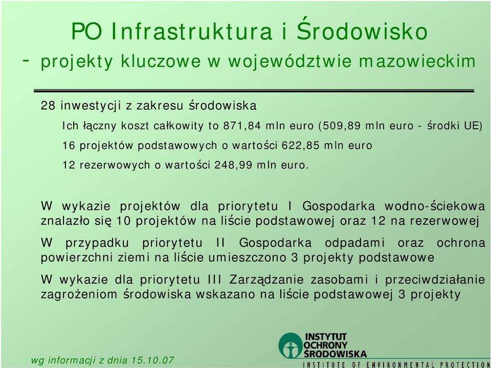 W wykazie projektów dla priorytetu I Gospodarka wodno-ściekowa znalazło się 10 projektów na liście podstawowej oraz 12 na rezerwowej W przypadku priorytetu II Gospodarka