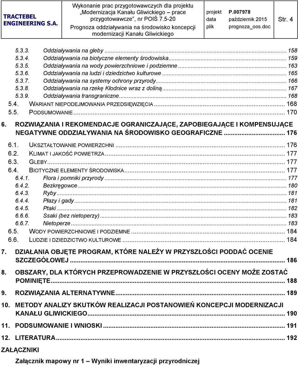 Oddziaływania transgraniczne... 168 5.4. WARIANT NIEPODEJMOWANIA PRZEDSIĘWZIĘCIA... 168 5.5. PODSUMOWANIE... 170 6.