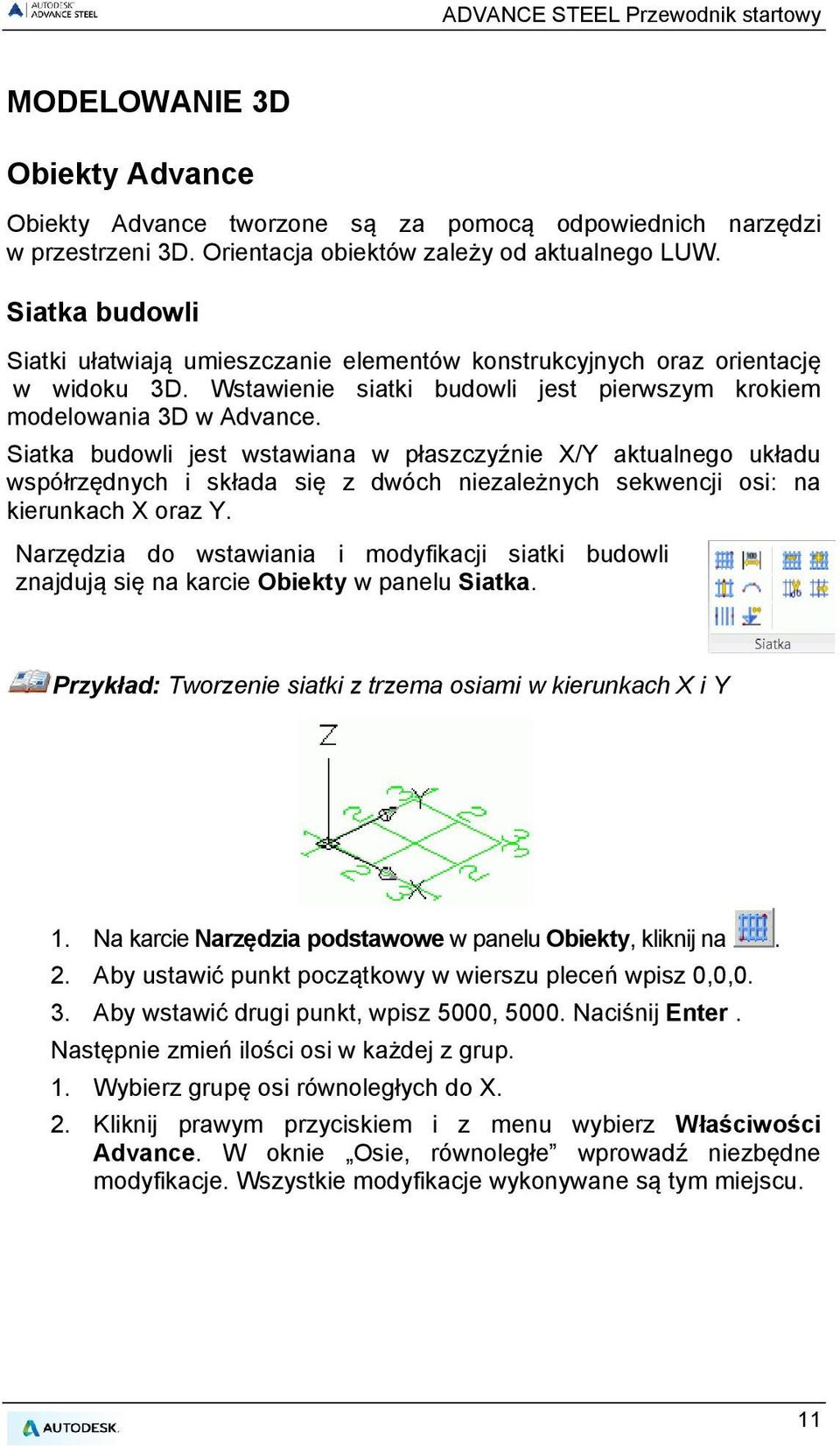 Siatka budowli jest wstawiana w płaszczyźnie X/Y aktualnego układu współrzędnych i składa się z dwóch niezależnych sekwencji osi: na kierunkach X oraz Y.