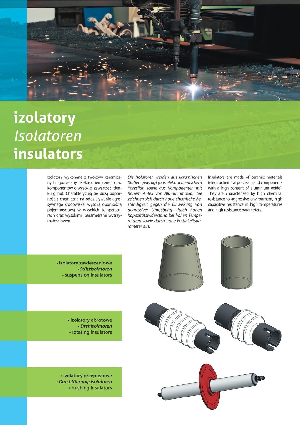 izolatory zawieszeniowe Stützisolatoren suspension insulators izolatory obrotowe Drehisolatoren rotating insulators izolatory przepustowe Durchführungsisolatoren bushing insulators Die Isolatoren