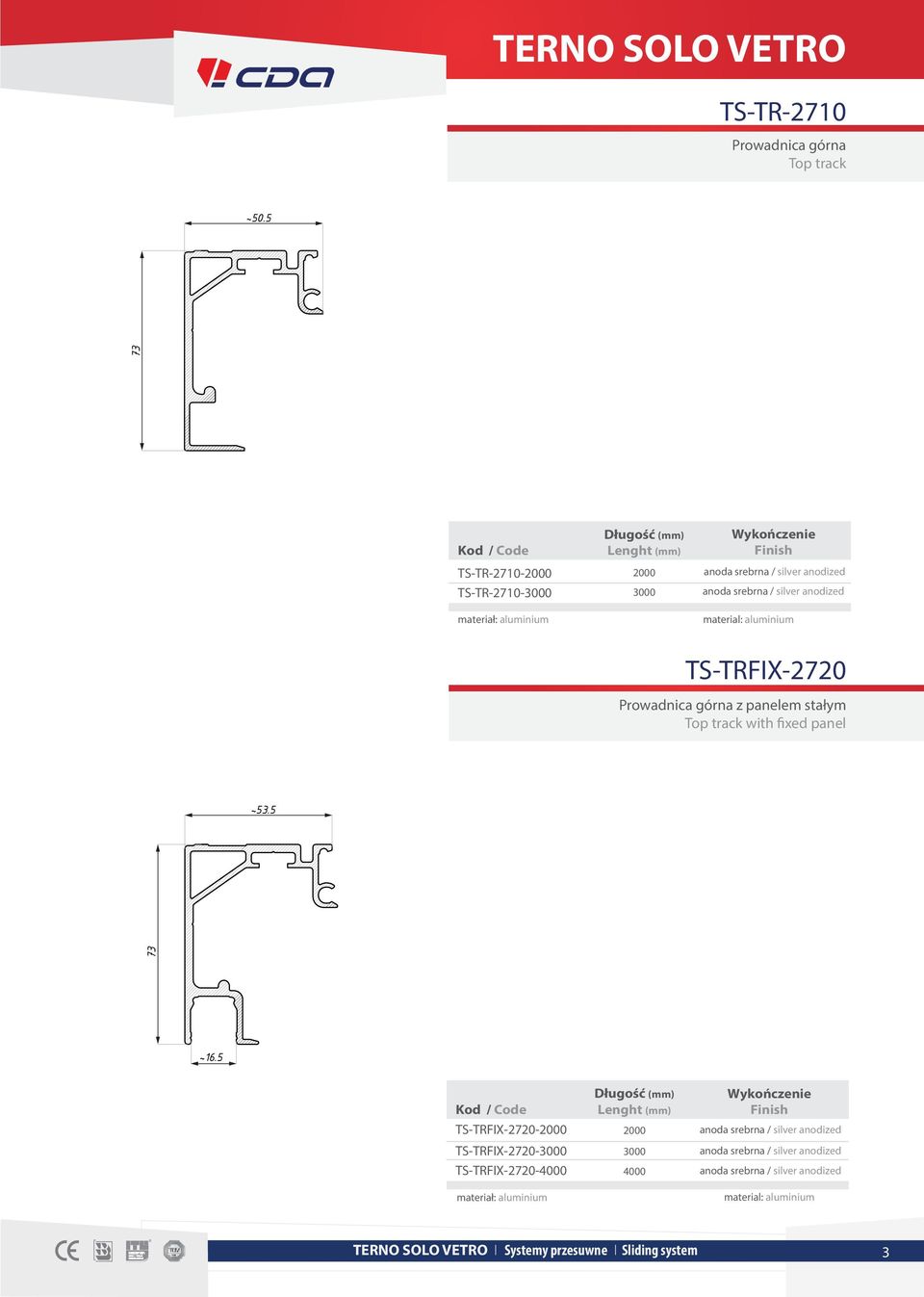 material: aluminium TS-TRFIX-2720 Prowadnica górna z panelem stałym Top track with fixed panel ~53.5 73 73 ~16.