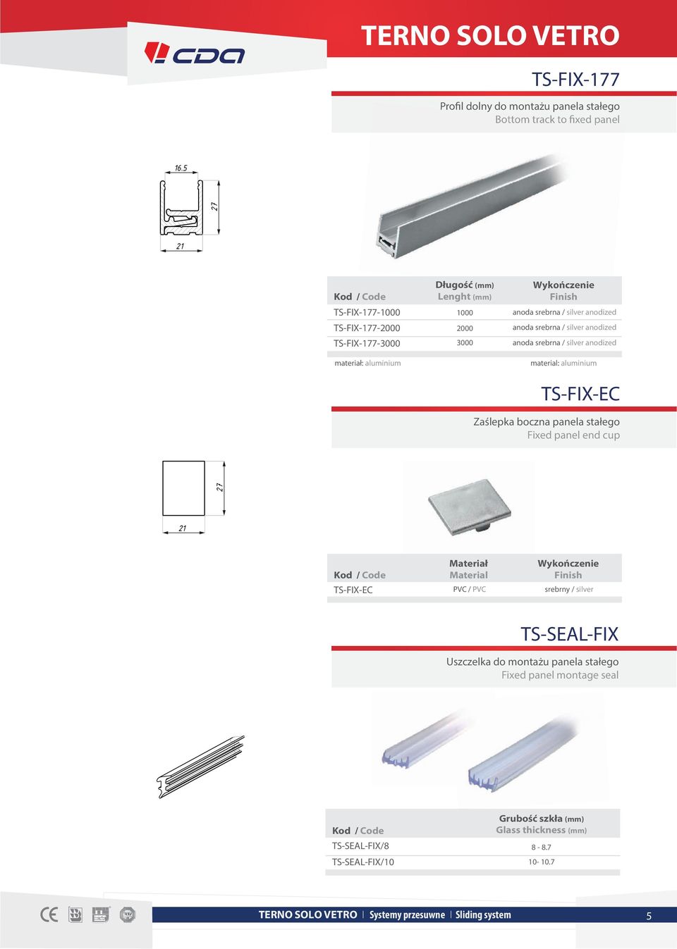 anoda srebrna / silver anodized materiał: aluminium material: aluminium TS-FIX-EC Zaślepka boczna panela stałego Fixed panel end cup 27 27 21 TS-FIX-EC Materiał Material PVC /