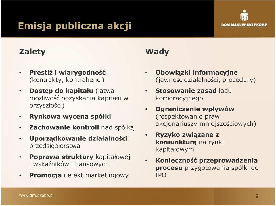 Promocja i efekt marketingowy Obowiązki informacyjne (jawność działalności, procedury) Stosowanie zasadładu korporacyjnego Ograniczenie wpływów