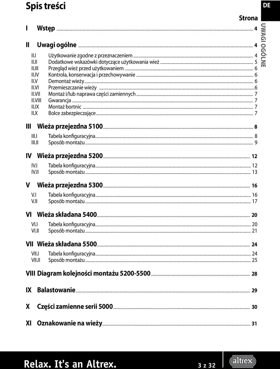 .. 7 II.X Bolce zabezpieczające... 7 III Wieża przejezdna 5100... 8 III.I Tabela konfiguracyjna... 8 III.II Sposób montażu... 9 IV Wieża przejezdna 5200... 12 IV.I Tabela konfiguracyjna... 12 IV.II Sposób montażu... 13 V Wieża przejezdna 5300.