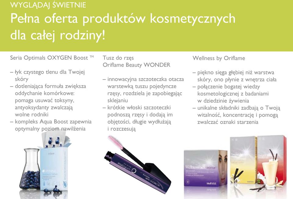 zapewnia optymalny poziom nawilżenia Tusz do rzęs Oriflame Beauty WONDER innowacyjna szczoteczka otacza warstewką tuszu pojedyncze rzęsy, rozdziela je zapobiegając sklejaniu krótkie włoski