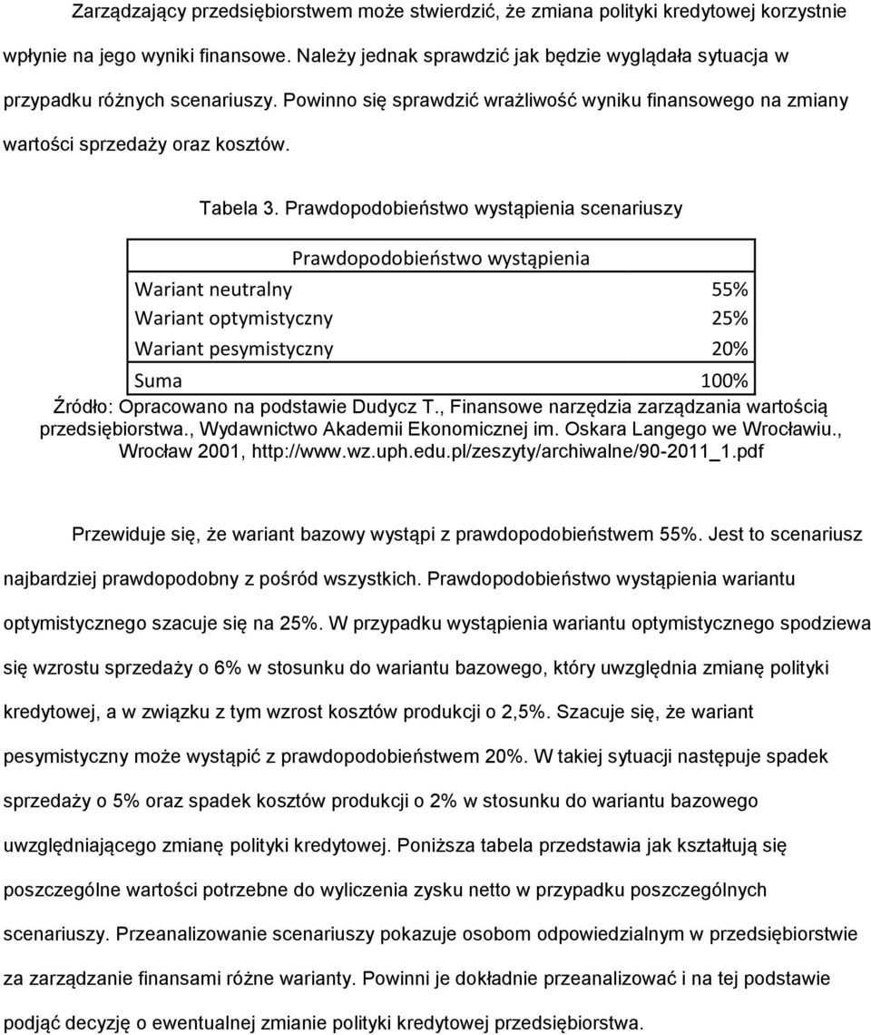 Prawdopodobieństwo wystąpienia scenariuszy Prawdopodobieństwo wystąpienia Wariant neutralny 55% Wariant optymistyczny 25% Wariant pesymistyczny 20% Suma 100% Źródło: Opracowano na podstawie Dudycz T.