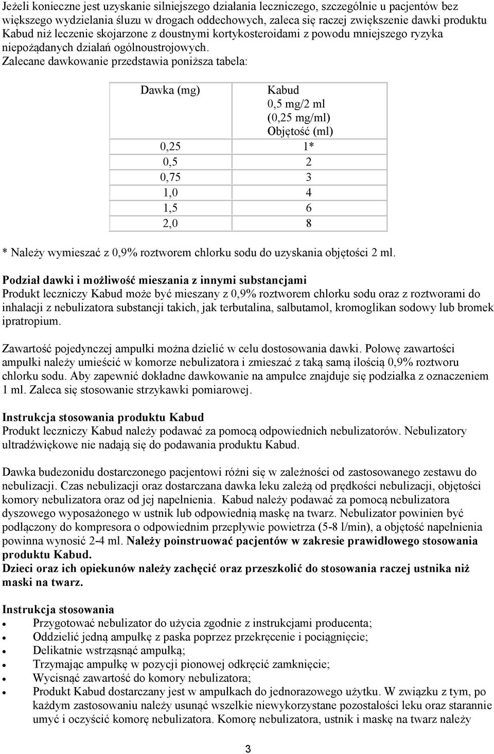 Zalecane dawkowanie przedstawia poniższa tabela: Dawka (mg) Kabud 0,5 mg/2 ml (0,25 mg/ml) Objętość (ml) 0,25 1* 0,5 2 0,75 3 1,0 4 1,5 6 2,0 8 * Należy wymieszać z 0,9% roztworem chlorku sodu do