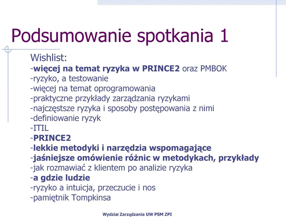 -definiowanie ryzyk -ITIL -PRINCE2 -lekkie metodyki i narzędzia wspomagające -jaśniejsze omówienie róŝnic w