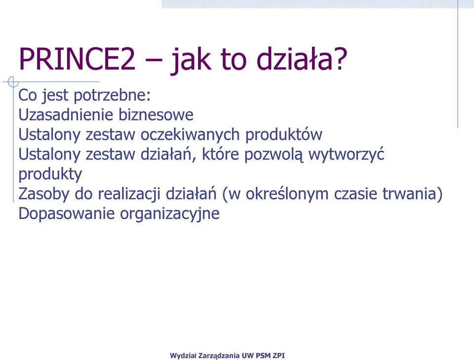 oczekiwanych produktów Ustalony zestaw działań, które pozwolą