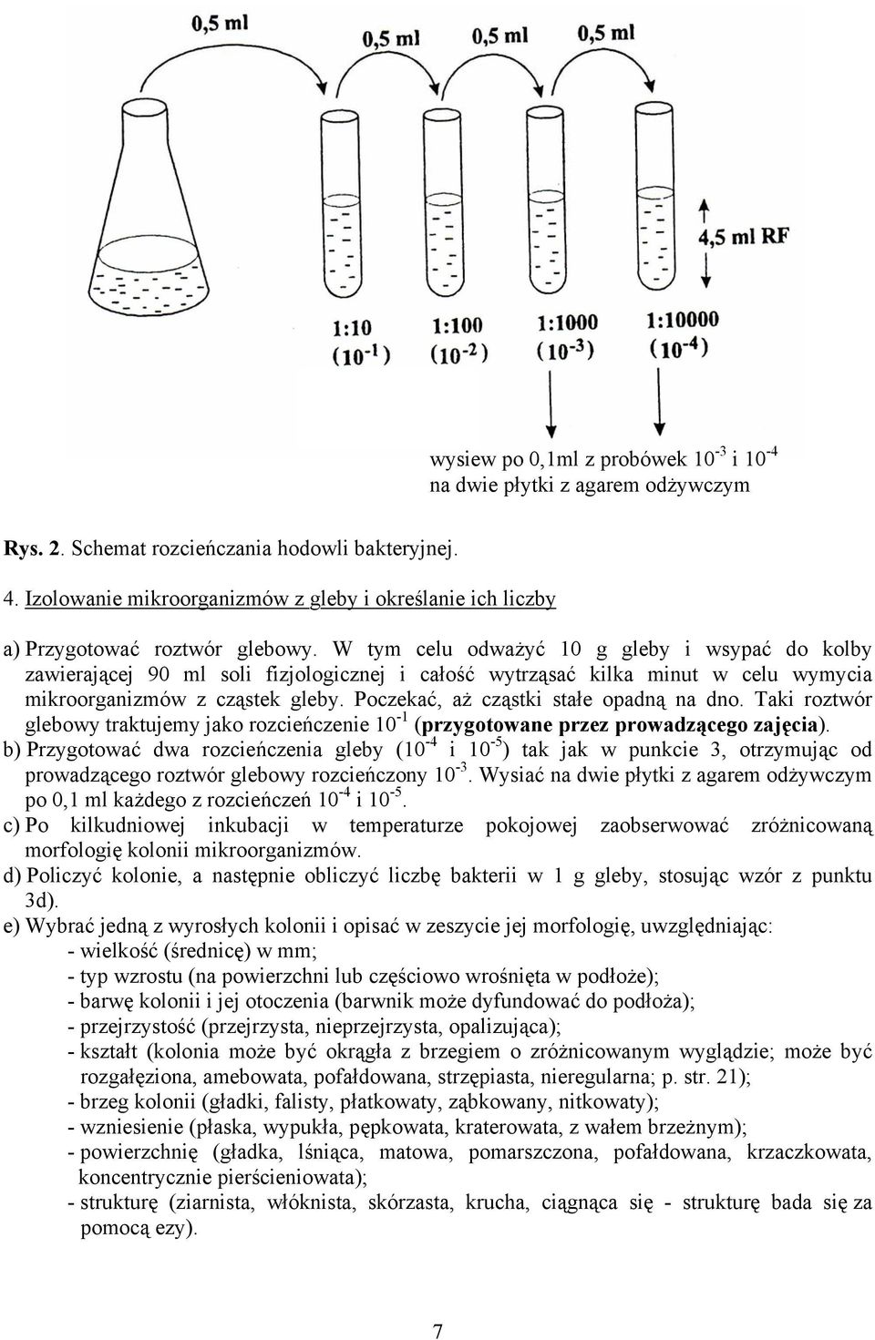 W tym celu odważyć 10 g gleby i wsypać do kolby zawierającej 90 ml soli fizjologicznej i całość wytrząsać kilka minut w celu wymycia mikroorganizmów z cząstek gleby.