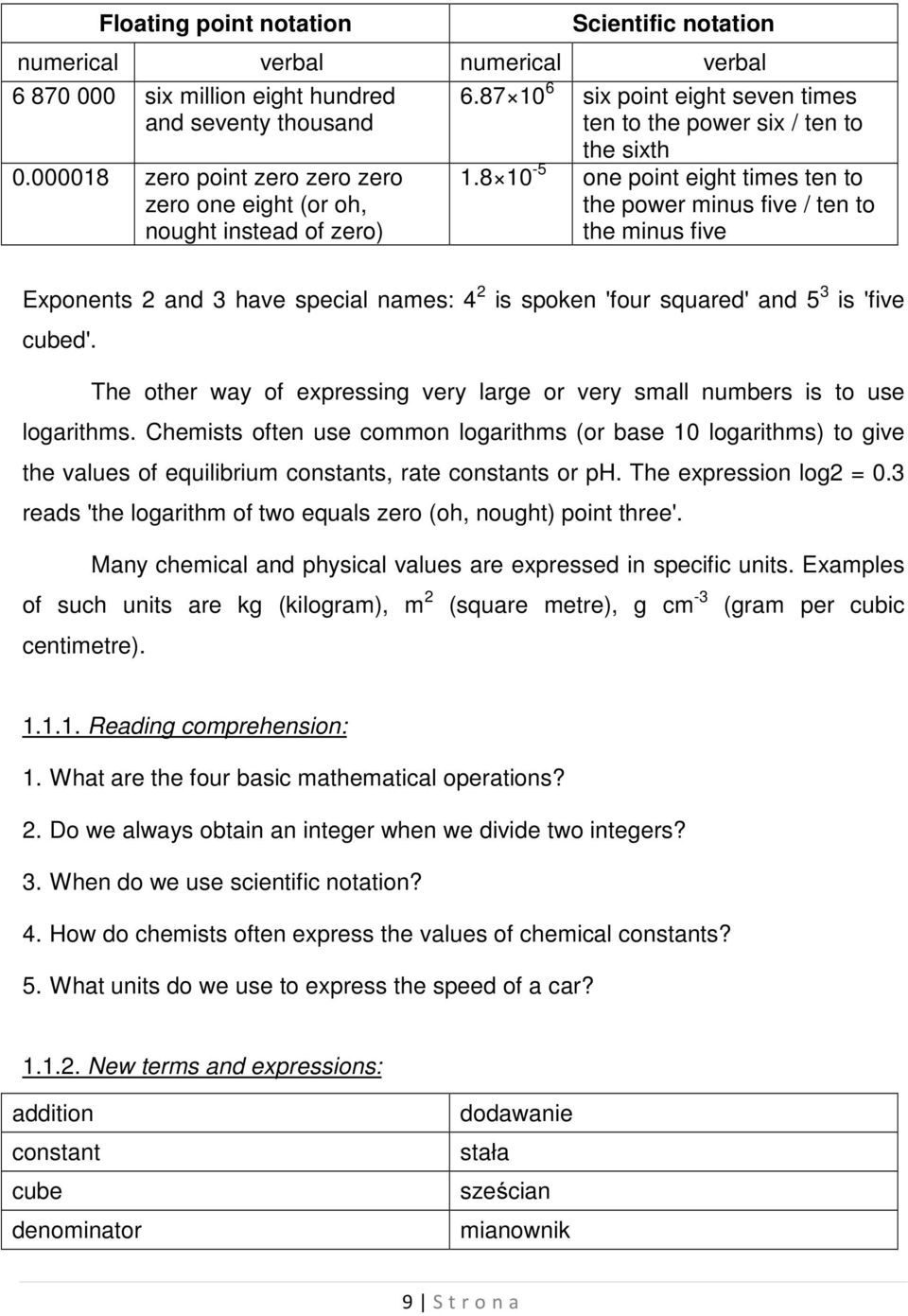 8 10-5 one point eight times ten to the power minus five / ten to the minus five Exponents 2 and 3 have special names: 4 2 is spoken 'four squared' and 5 3 is 'five cubed'.