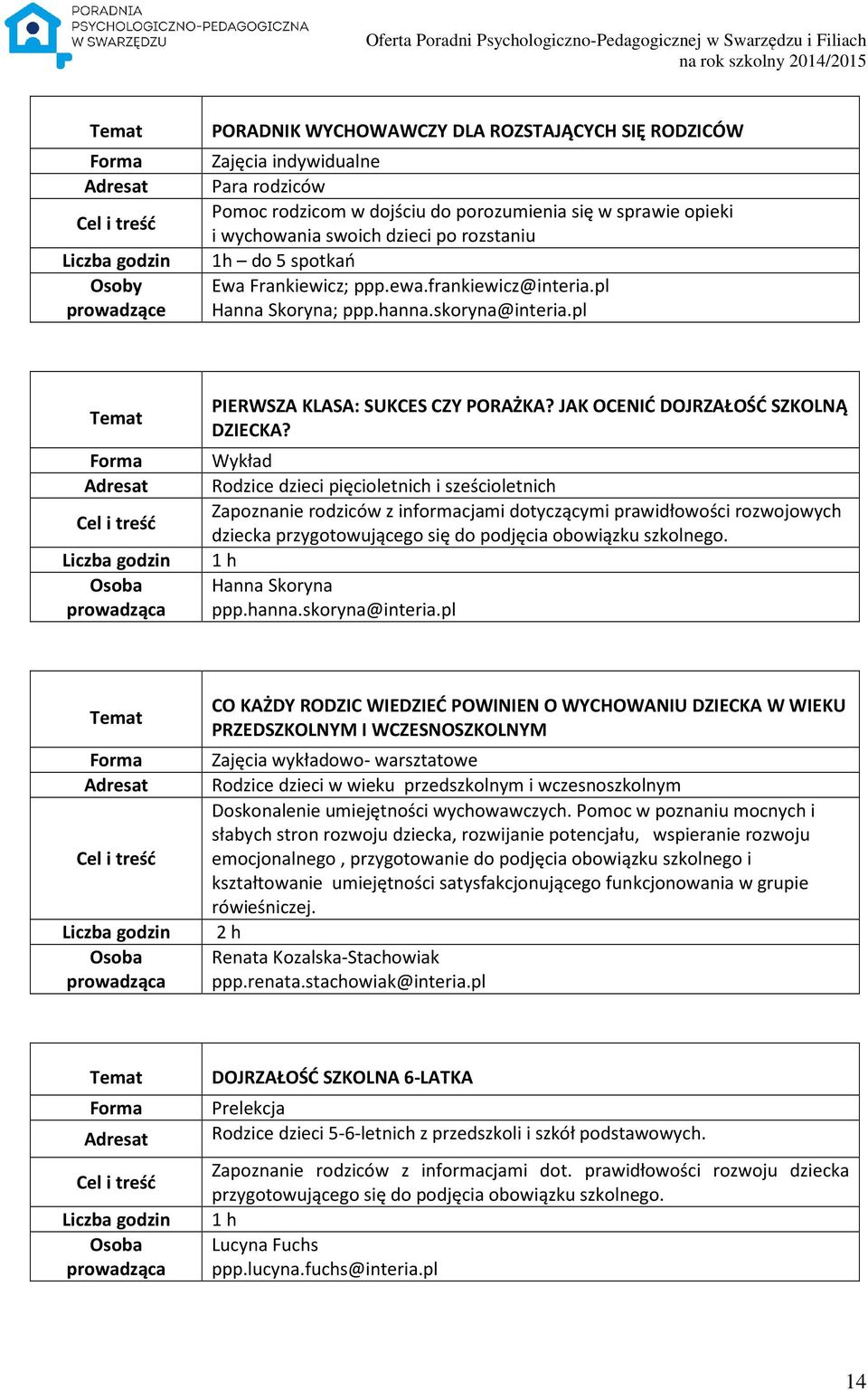 Wykład Rodzice dzieci pięcioletnich i sześcioletnich Zapoznanie rodziców z informacjami dotyczącymi prawidłowości rozwojowych dziecka przygotowującego się do podjęcia obowiązku szkolnego.