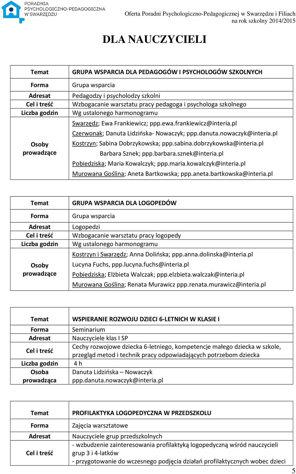 dobrzykowska@interia.pl Barbara Sznek; ppp.barbara.sznek@interia.pl Pobiedziska; Maria Kowalczyk; ppp.maria.kowalczyk@interia.pl Murowana Goślina; Aneta Bartkowska; ppp.aneta.bartkowska@interia.