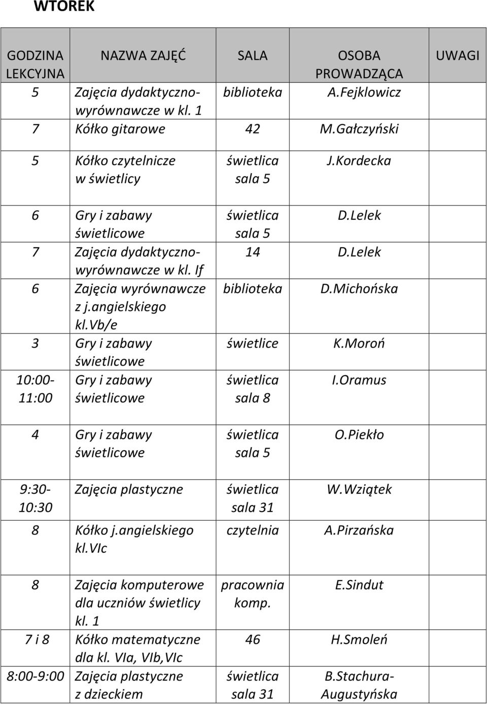 vb/e 3 Gry i zabawy 10:00- Gry i zabawy 11:00 D.Lelek 14 D.Lelek biblioteka świetlice D.Michońska K.Moroń I.Oramus 4 Gry i zabawy 9:30-10:30 Zajęcia plastyczne 8 Kółko j.