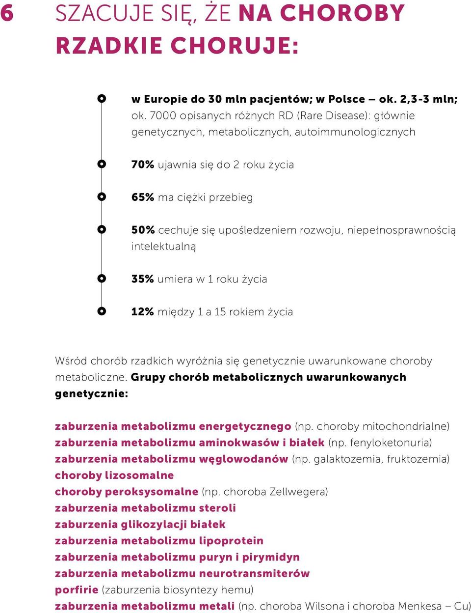 niepełnosprawnością intelektualną 35% umiera w 1 roku życia 12% między 1 a 15 rokiem życia Wśród chorób rzadkich wyróżnia się genetycznie uwarunkowane choroby metaboliczne.