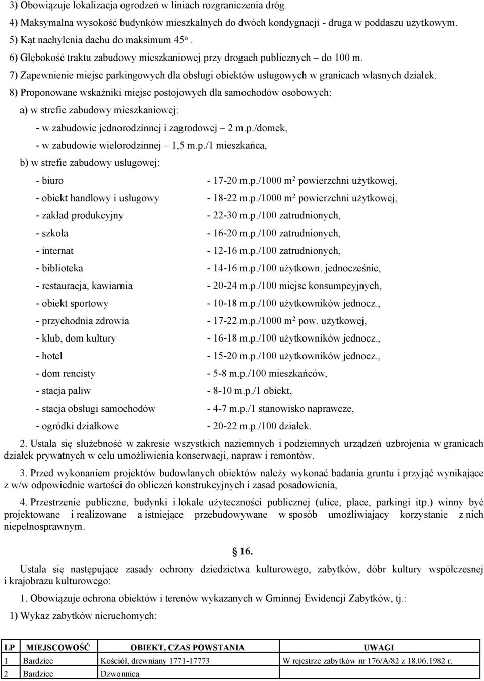 8) Proponowane wskaźniki miejsc postojowych dla samochodów osobowych: a) w strefie zabudowy mieszkaniowej: w zabudowie jednorodzinnej i zagrodowej 2 m.p./domek, w zabudowie wielorodzinnej 1,5 m.p./1 mieszkańca, b) w strefie zabudowy usługowej: biuro 17 20 m.