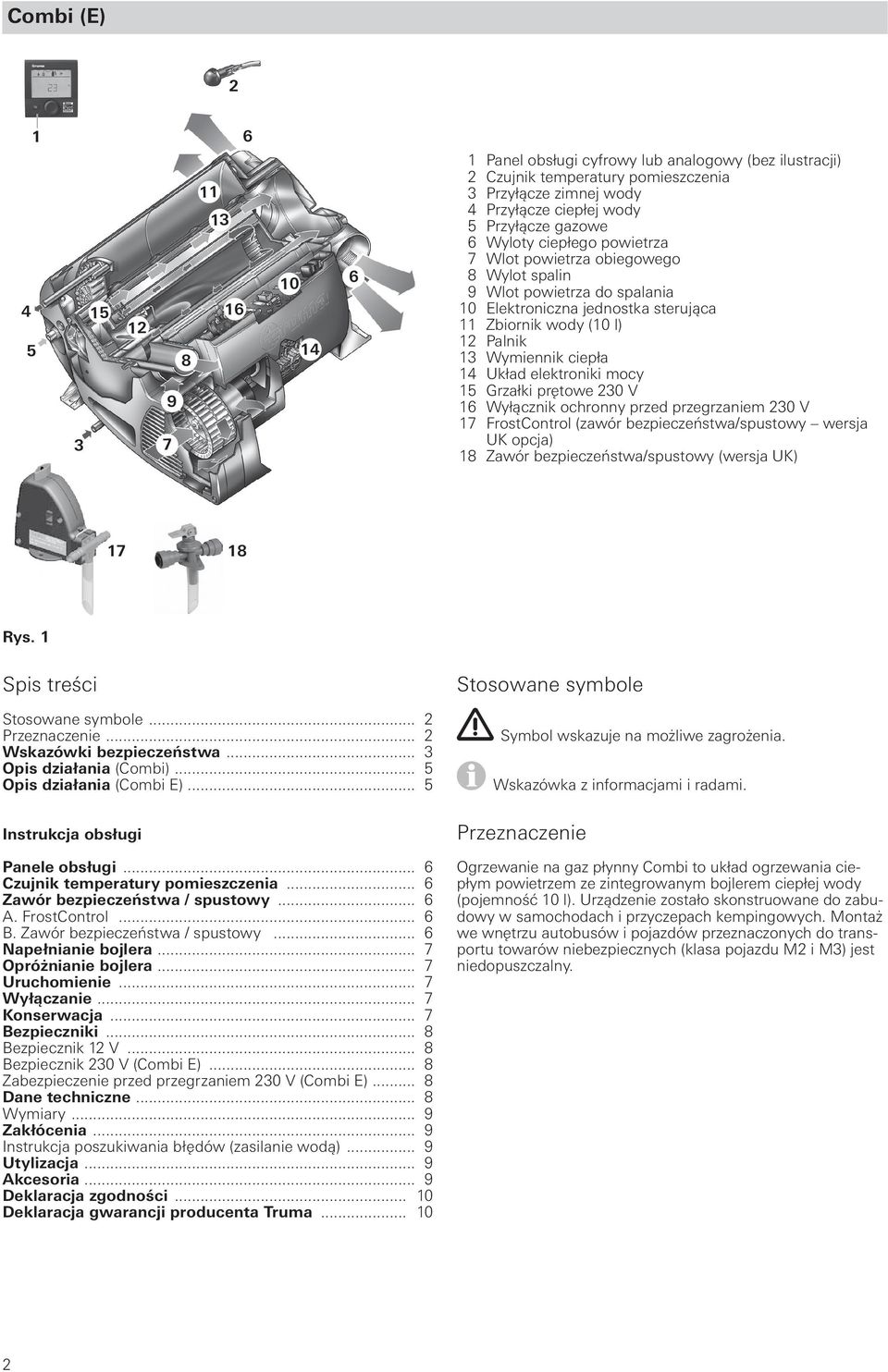 Wymiennik ciepła 14 Układ elektroniki mocy 15 Grzałki prętowe 230 V 16 Wyłącznik ochronny przed przegrzaniem 230 V 17 FrostControl (zawór bezpieczeństwa/spustowy wersja UK opcja) 18 Zawór