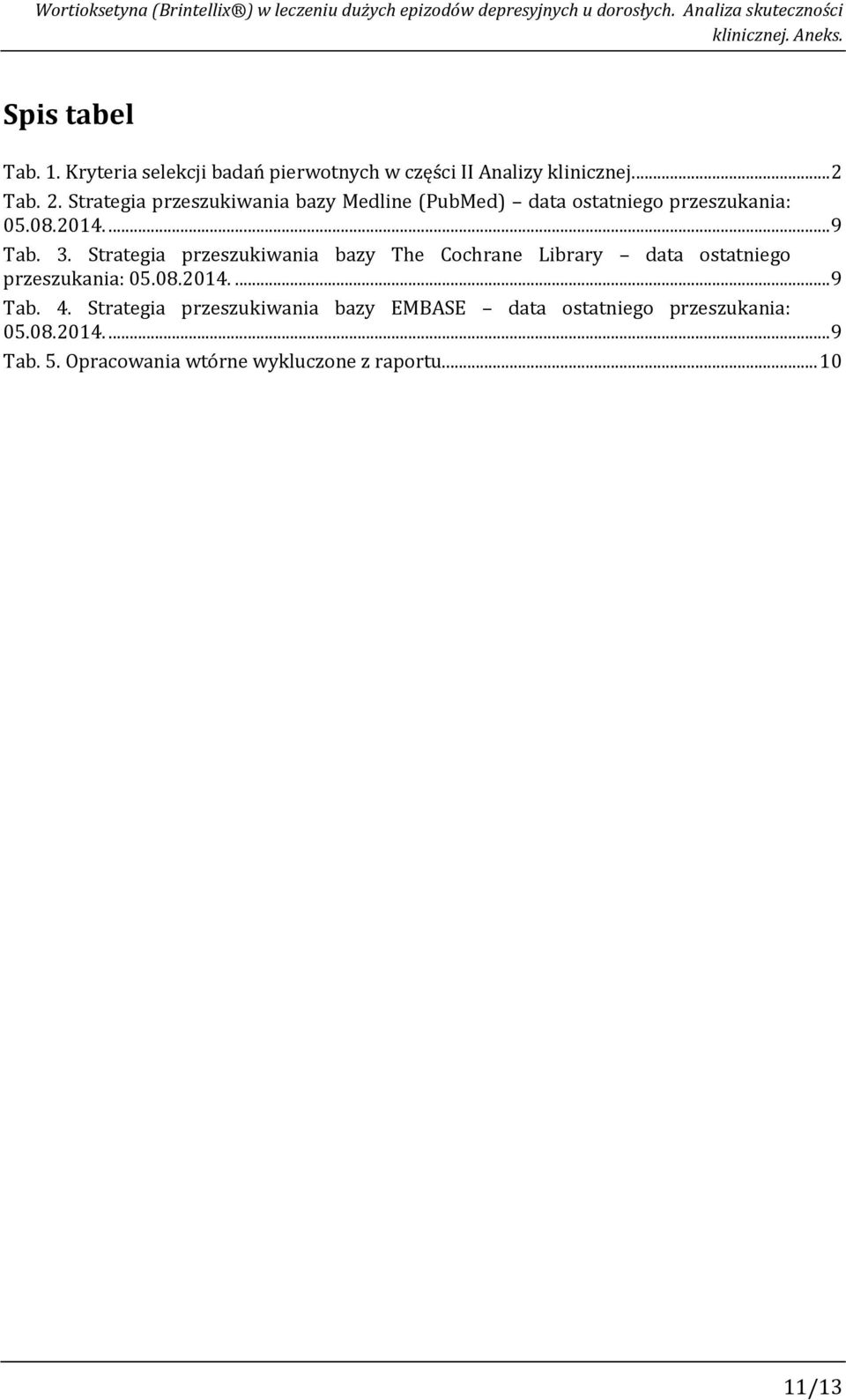 Tab. 2. Strategia przeszukiwania bazy Medline (PubMed) data ostatniego przeszukania: 05.08.2014.... 9 Tab. 3.
