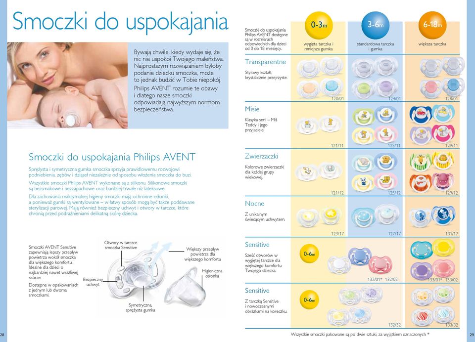 Smoczki do uspokajania Philips AVENT dostępne są w rozmiarach odpowiednich dla dzieci od 0 do 18 miesięcy. Transparentne Stylowy kształt, krystalicznie przejrzyste.