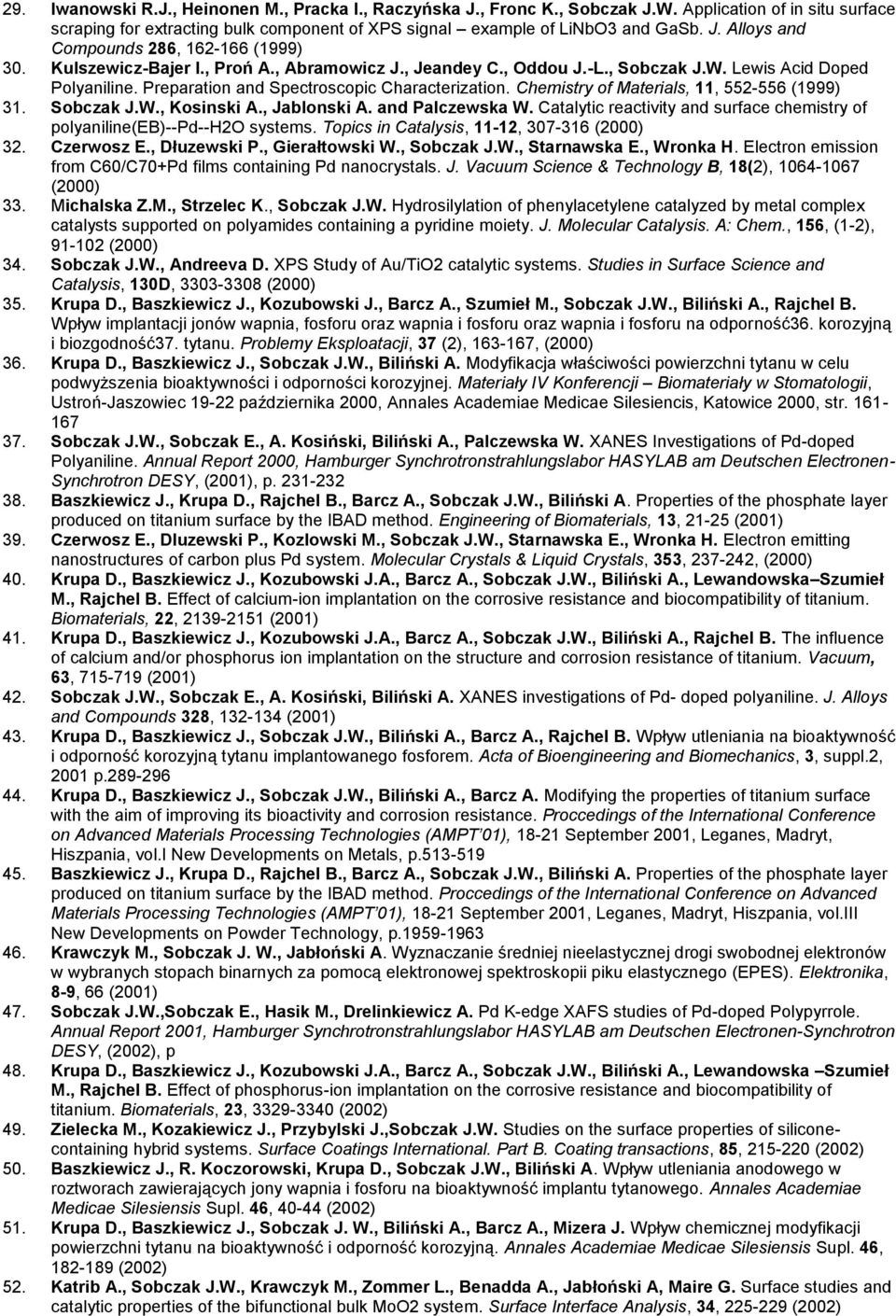 Chemistry of Materials, 11, 552-556 (1999) 31. Sobczak J.W., Kosinski A., Jablonski A. and Palczewska W. Catalytic reactivity and surface chemistry of polyaniline(eb)--pd--h2o systems.