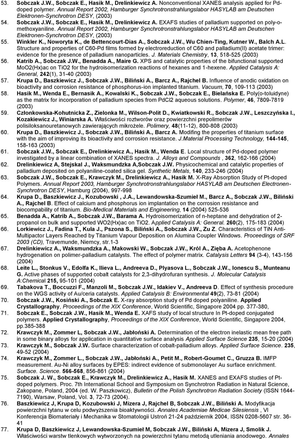 EXAFS studies of palladium supported on poly-omethoxyaniline. Annual Report 2002, Hamburger Synchrotronstrahlungslabor HASYLAB am Deutschen Elektronen-Synchrotron DESY, (2003) 55. Winkler K.