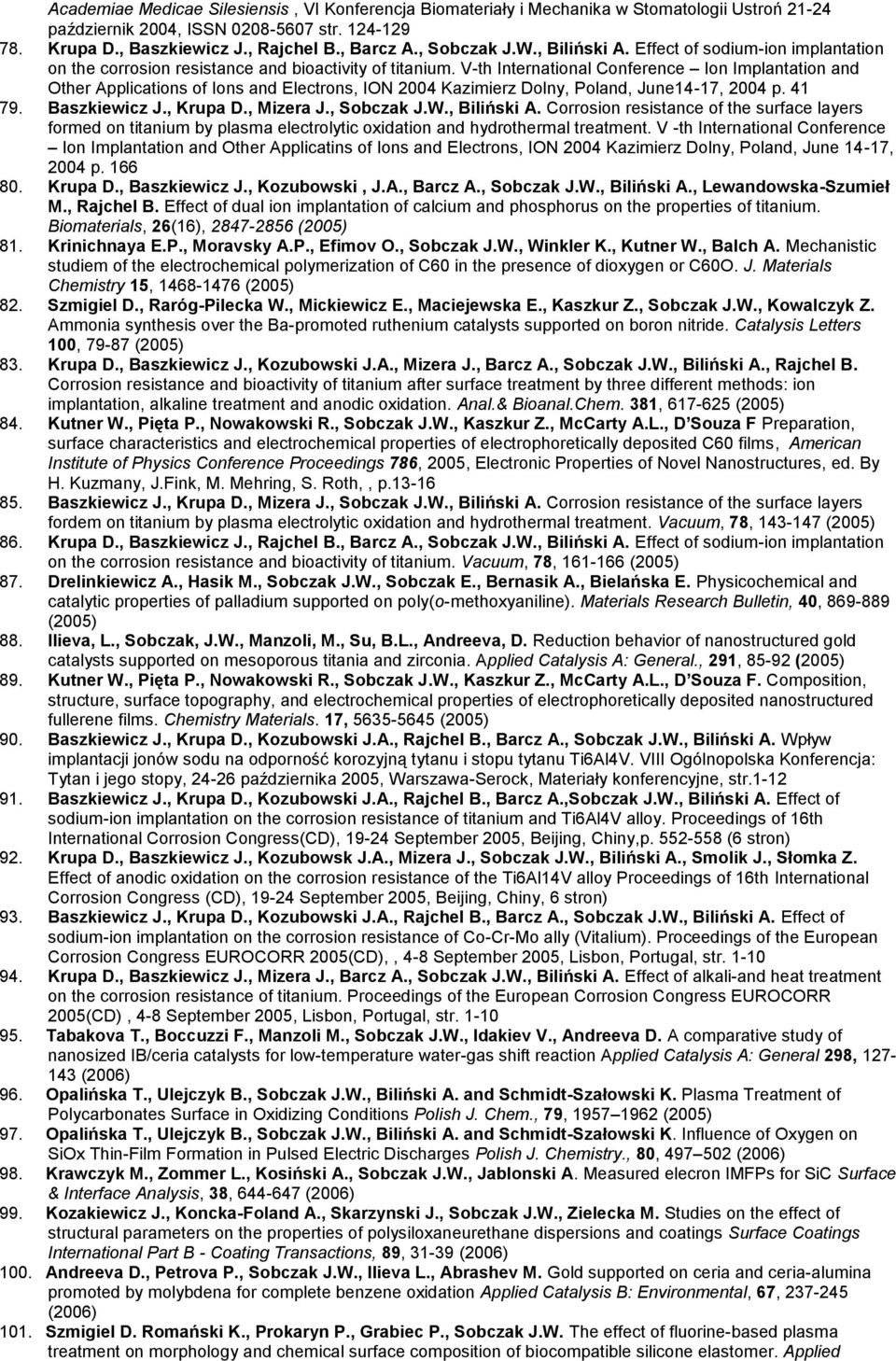 V-th International Conference Ion Implantation and Other Applications of Ions and Electrons, ION 2004 Kazimierz Dolny, Poland, June14-17, 2004 p. 41 79. Baszkiewicz J., Krupa D., Mizera J., Sobczak J.