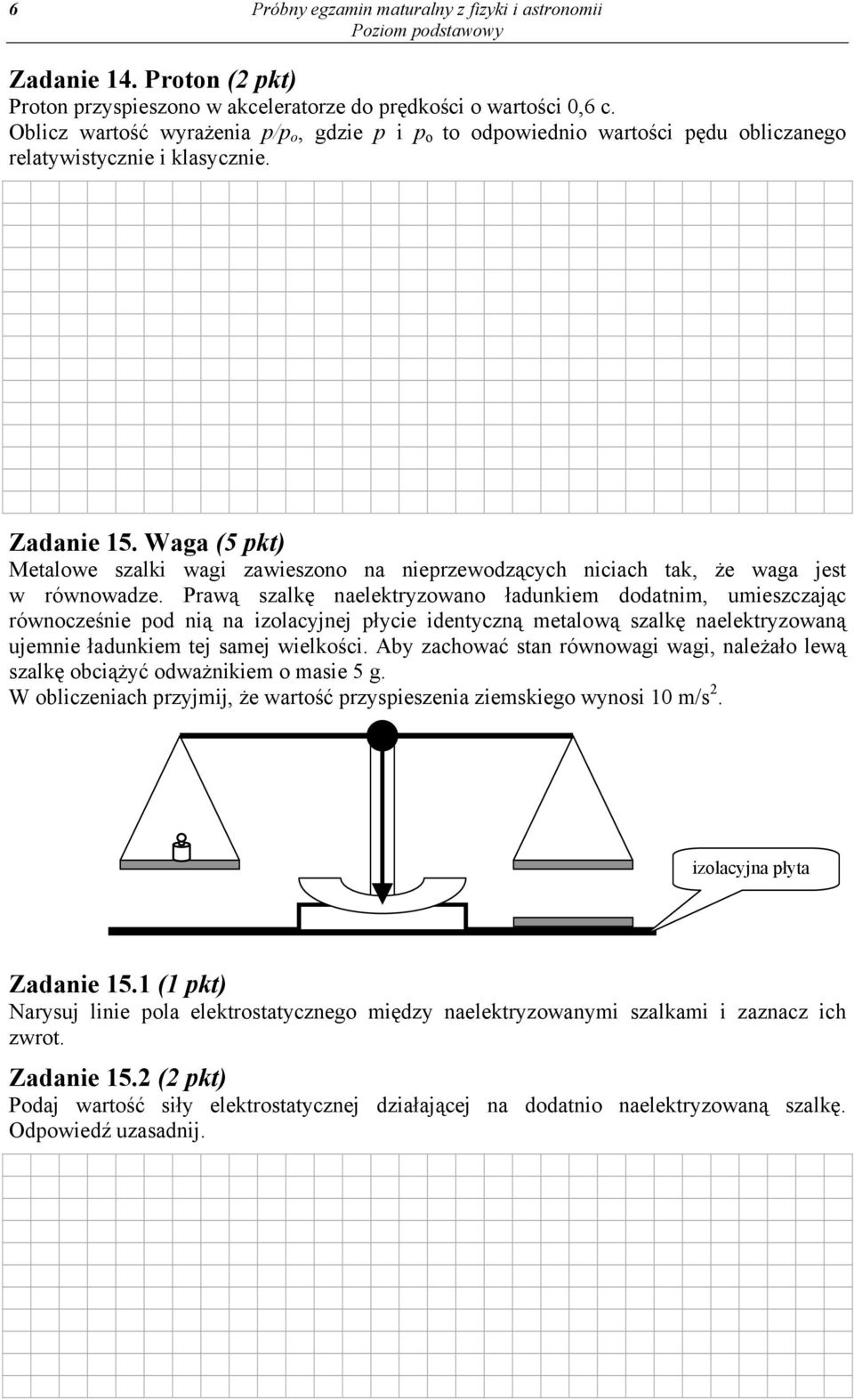 Waga (5 pkt) Metalowe szalki wagi zawieszono na nieprzewodzących niciach tak, że waga jest w równowadze.