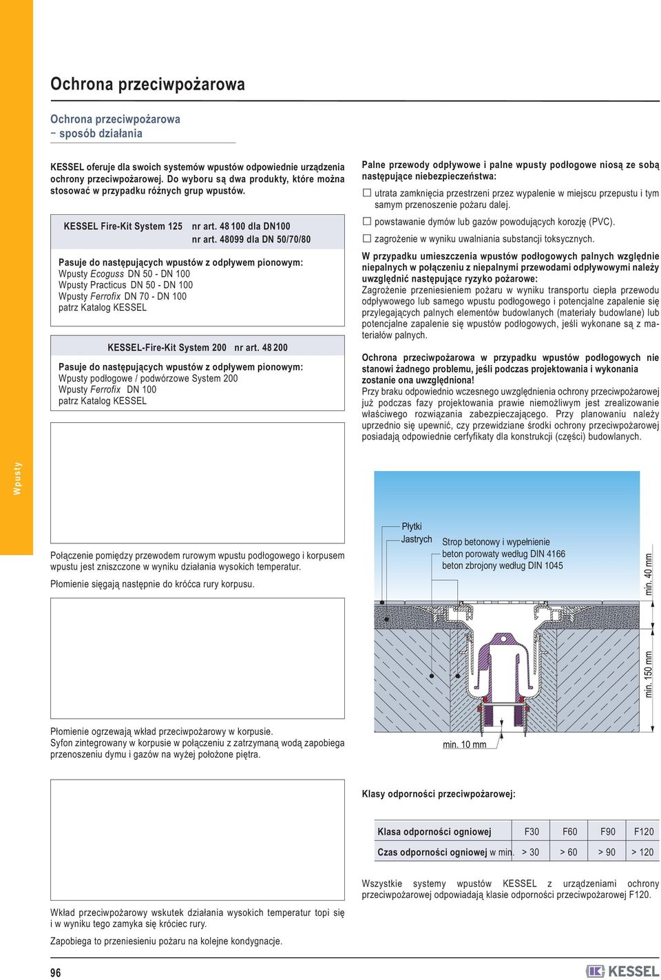 48099 dla DN 50/70/80 Pasuje do następujących wpustów z odpływem pionowym: Ecoguss DN 50 DN Practicus DN 50 DN Ferrofix DN 70 DN patrz Katalog KESSEL KESSELFireKit System 200 nr art.