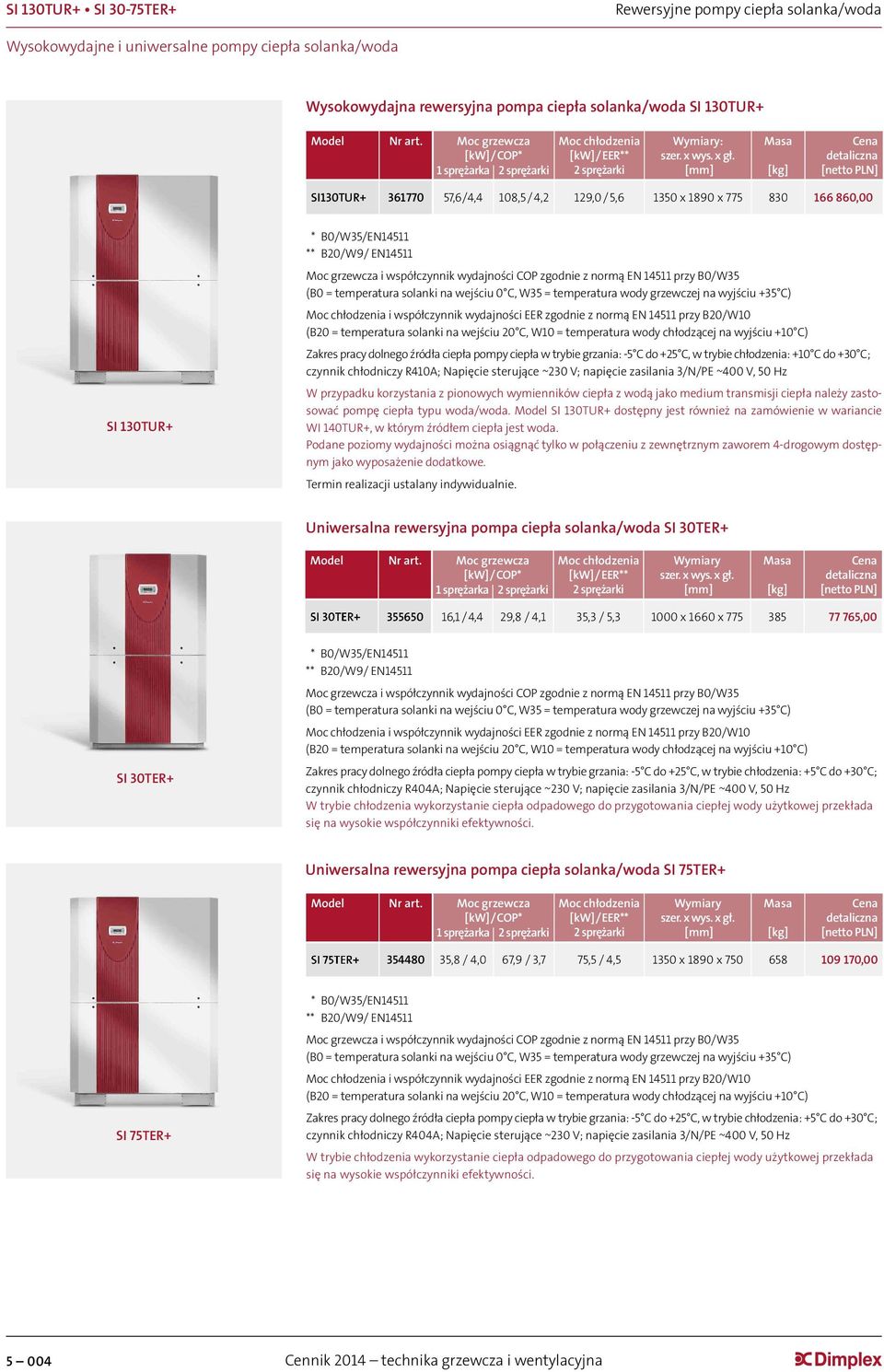 [mm] Cena detaliczna SI130TUR+ 361770 57,6 / 4,4 108,5 / 4,2 129,0 / 5,6 1350 x 1890 x 775 830 166 860,00 SI 130TUR+ * B0/W35/EN14511 ** B20/W9/ EN14511 Moc grzewcza i współczynnik wydajności COP