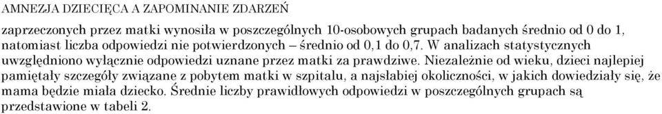 W analizach statystycznych uwzględniono wyłącznie odpowiedzi uznane przez matki za prawdziwe.