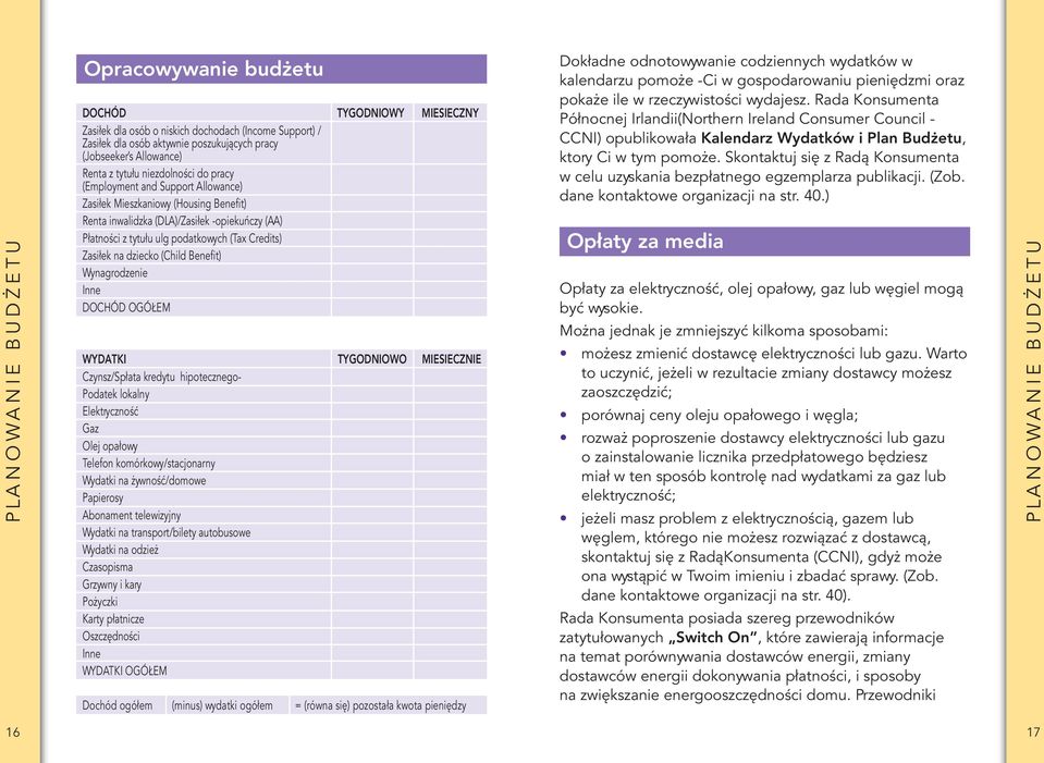 Credits) Zasiłek na dziecko (Child Benefit) Wynagrodzenie Inne DOCHÓD OGÓŁEM WYDATKI TYGODNIOWO MIESIECZNIE Czynsz/Spłata kredytu hipotecznego- Podatek lokalny Elektryczność Gaz Olej opałowy Telefon