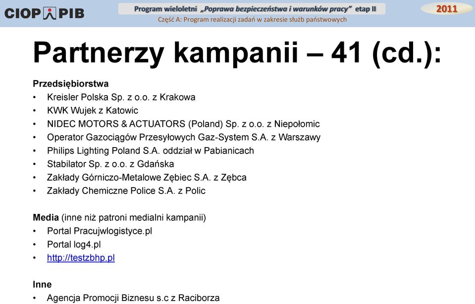 z o.o. z Gdańska Zakłady Górniczo-Metalowe Zębiec S.A. z Zębca Zakłady Chemiczne Police S.A. z Polic Media (inne niż patroni medialni kampanii) Portal Pracujwlogistyce.