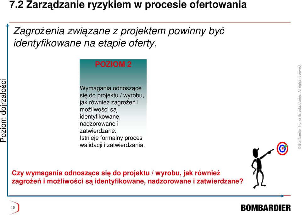 Poziom dojrzałości POZIOM 2 Wymagania odnoszące się do projektu / wyrobu, jak równieŝ zagroŝeń i moŝliwości są