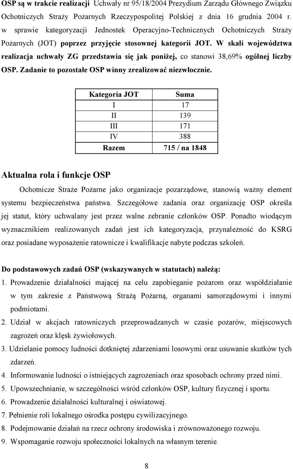 W skali województwa realizacja uchwały ZG przedstawia się jak poniżej, co stanowi 38,69% ogólnej liczby OSP. Zadanie to pozostałe OSP winny zrealizować niezwłocznie.