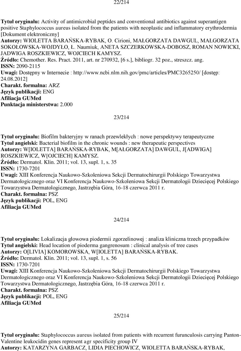 Naumiuk, ANETA SZCZERKOWSKA-DOBOSZ, ROMAN NOWICKI, JADWIGA ROSZKIEWICZ, WOJCIECH KAMYSZ. Źródło: Chemother. Res. Pract. 2011, art. nr 270932, [6 s.], bibliogr. 32 poz., streszcz. ang.