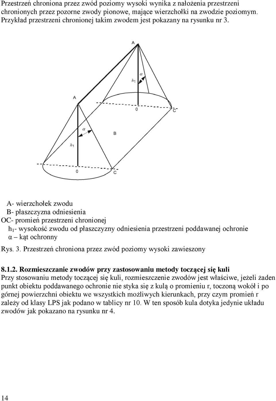 A- wierzchołek zwodu B- płaszczyzna odniesienia OC- promień przestrzeni chronionej h 1 - wysokość zwodu od płaszczyzny odniesienia przestrzeni poddawanej ochronie α kąt ochronny Rys. 3.