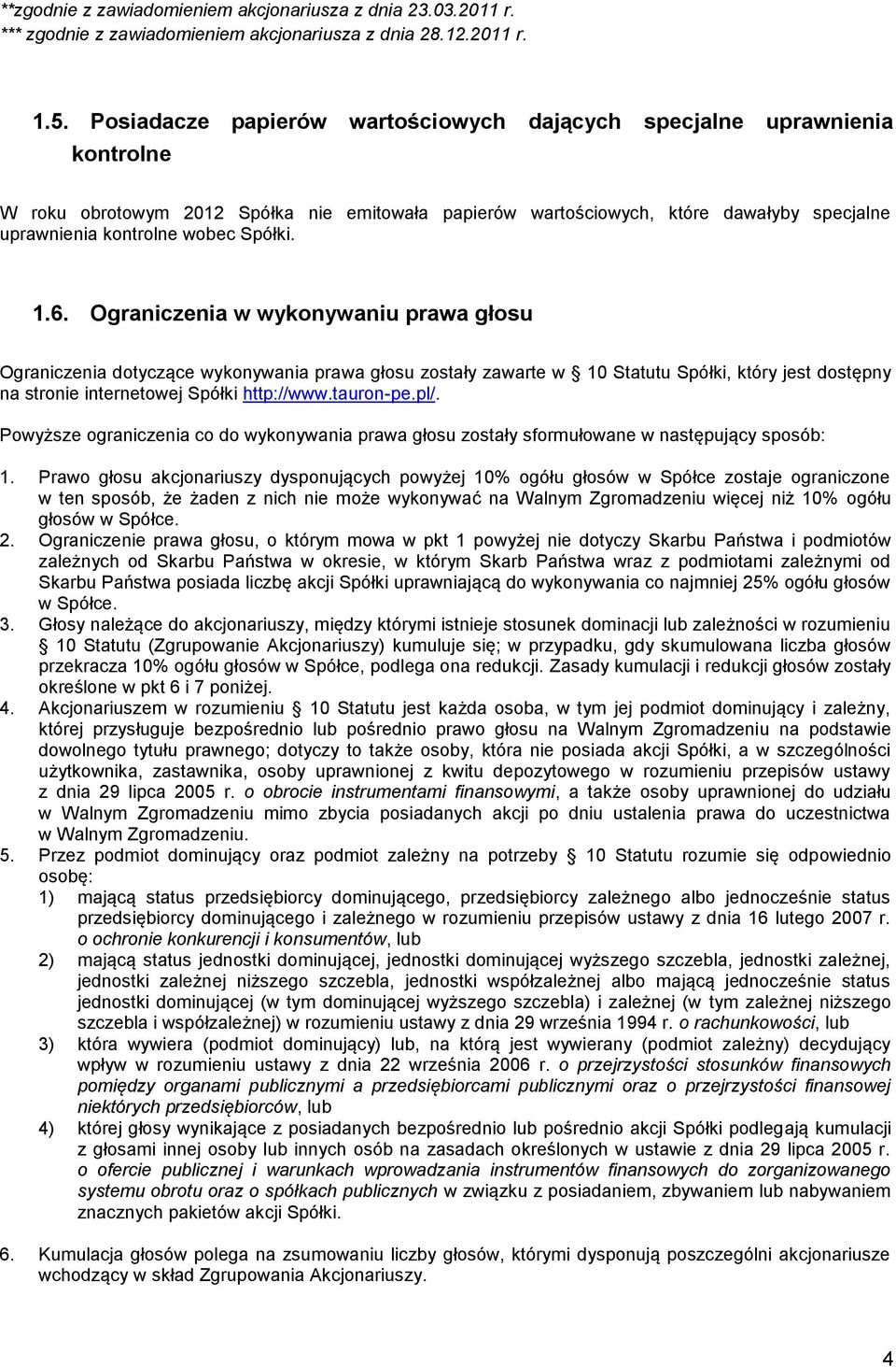 Spółki. 1.6. Ograniczenia w wykonywaniu prawa głosu Ograniczenia dotyczące wykonywania prawa głosu zostały zawarte w 10 Statutu Spółki, który jest dostępny na stronie internetowej Spółki http://www.