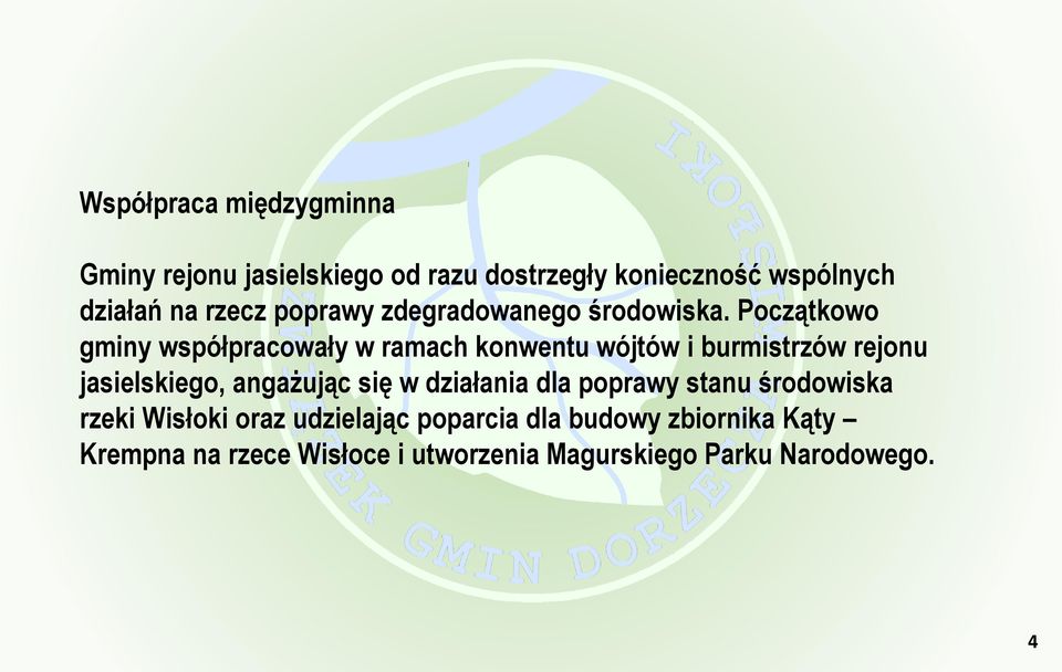 Początkowo gminy współpracowały w ramach konwentu wójtów i burmistrzów rejonu jasielskiego, angażując się