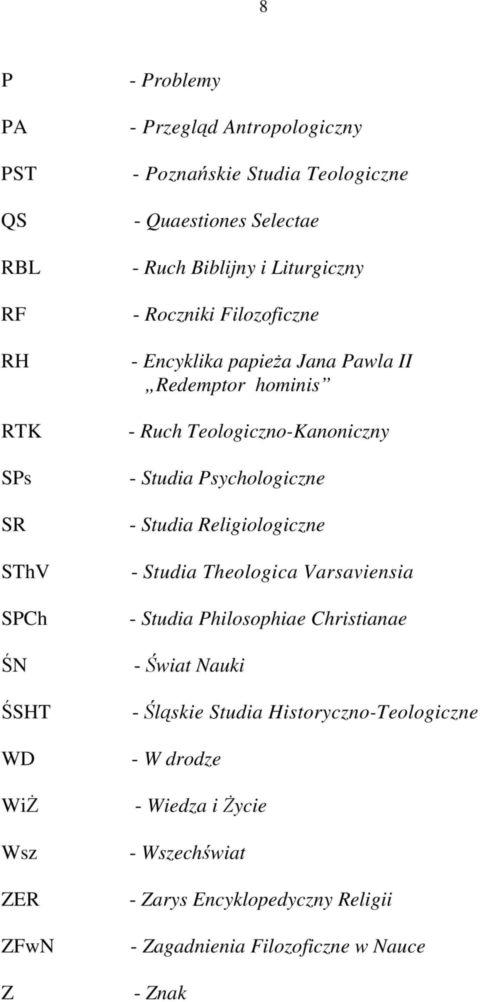 Teologiczno-Kanoniczny - Studia Psychologiczne - Studia Religiologiczne - Studia Theologica Varsaviensia - Studia Philosophiae Christianae - Świat