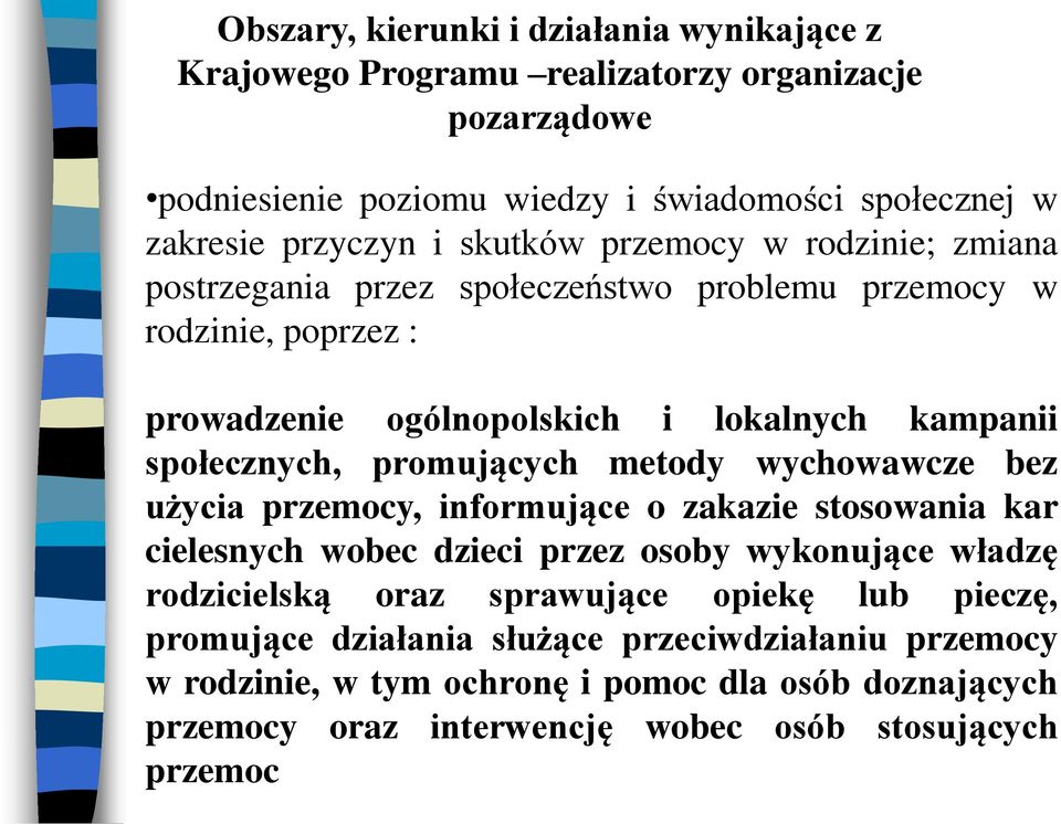 promujących metody wychowawcze bez użycia przemocy, informujące o zakazie stosowania kar cielesnych wobec dzieci przez osoby wykonujące władzę rodzicielską oraz sprawujące