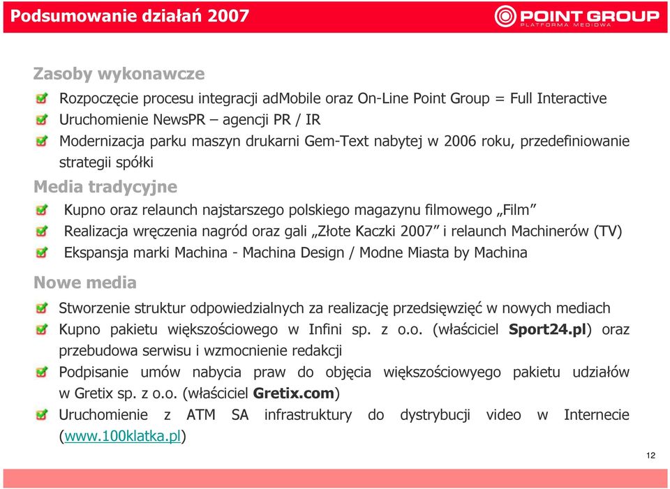 2007 i relaunch Machinerów (TV) Ekspansja marki Machina - Machina Design / Modne Miasta by Machina Nowe media Stworzenie struktur odpowiedzialnych za realizację przedsięwzięć w nowych mediach Kupno