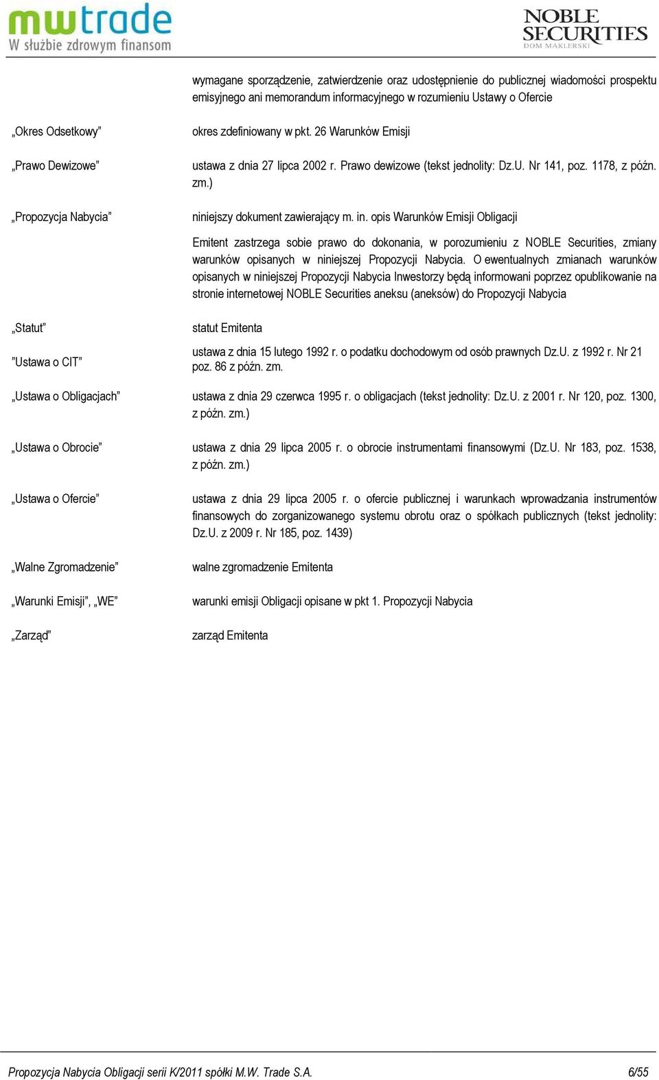 in. opis Warunków Emisji Obligacji Emitent zastrzega sobie prawo do dokonania, w porozumieniu z NOBLE Securities, zmiany warunków opisanych w niniejszej Propozycji Nabycia.
