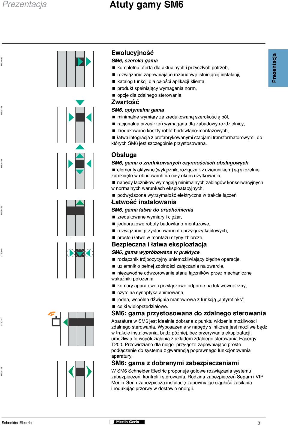 Zwarto SM6, optymalna gama minimalne wymiary ze zredukowan szeroko ci pól, racjonalna przestrze wymagana dla zabudowy rozdzielnicy, zredukowane koszty robót budowlano-monta owych, atwa integracja z