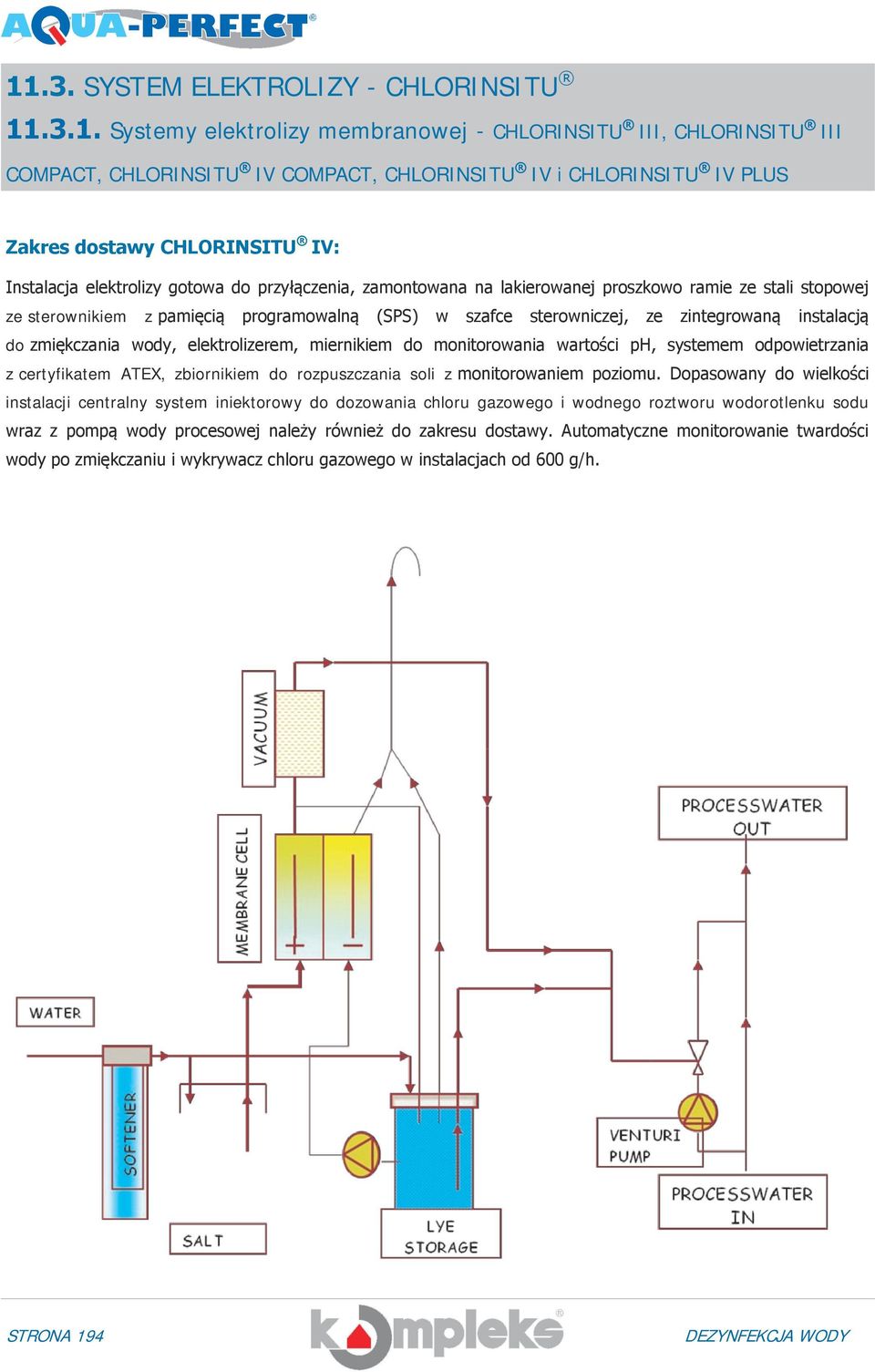 wody, elektrolizerem, miernikiem do monitorowania wartości ph, systemem odpowietrzania z certyfikatem ATEX, zbiornikiem do rozpuszczania soli z monitorowaniem poziomu.
