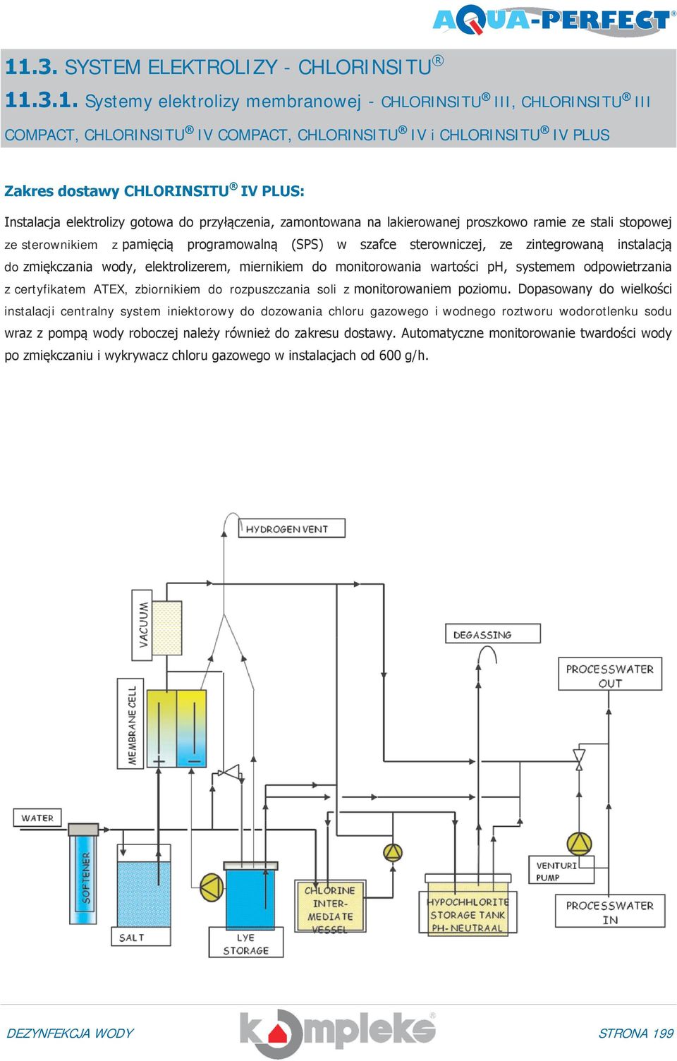 zmiękczania wody, elektrolizerem, miernikiem do monitorowania wartości ph, systemem odpowietrzania z certyfikatem ATEX, zbiornikiem do rozpuszczania soli z monitorowaniem poziomu.