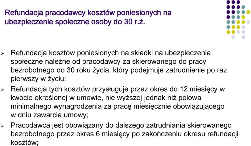 podejmuje zatrudnienie po raz pierwszy w życiu; Refundacja tych kosztów przysługuje przez okres do 12 miesięcy w kwocie określonej w umowie, nie wyższej jednak